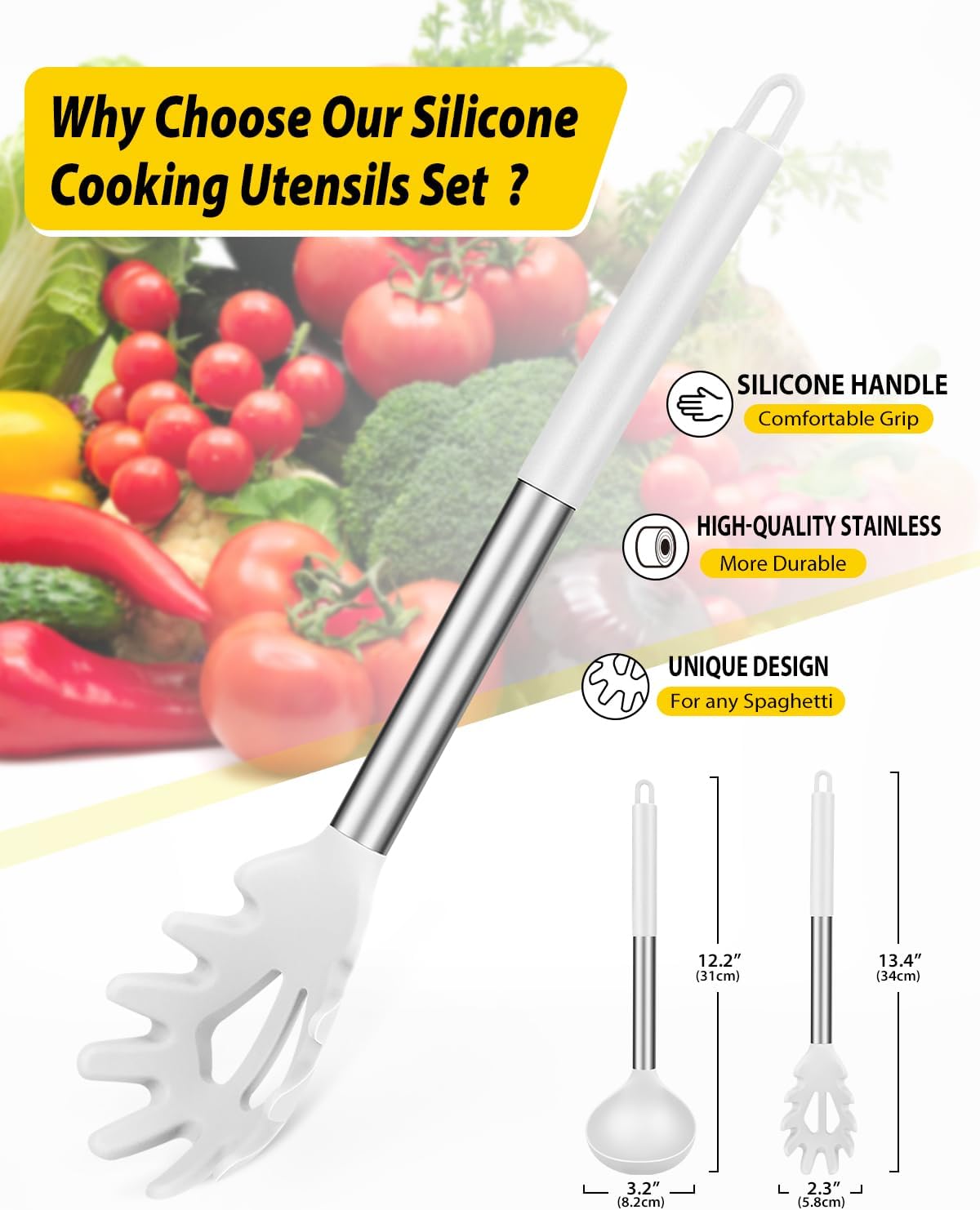 Silicone Pasta Fork and Ladle Spoon Set, Large Non Stick Kitchen Utensils for