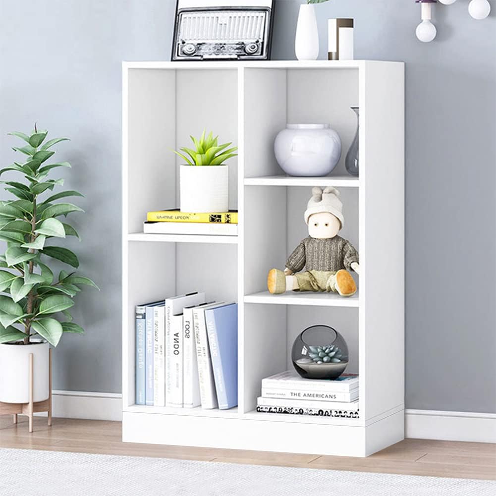 IOTXY Open Shelf Low Bookcase - Wooden 3-Tier Floor Standing Display Cabinet Organizer with Base, 5