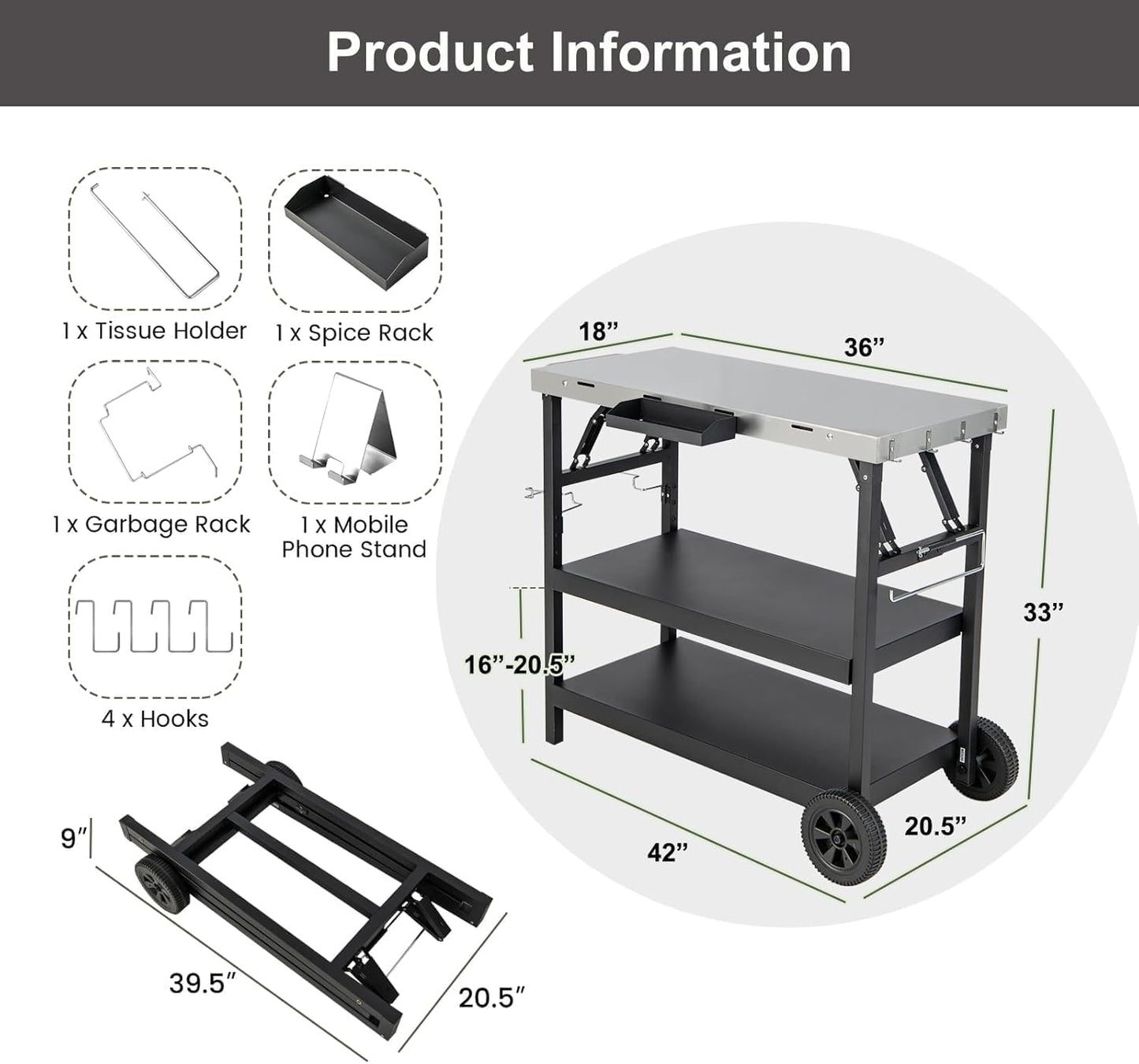 ERGOMASTER Grill Table Cart, Outdoor Kitchen Island with 4-Position Adjustable Shelf, Stainless