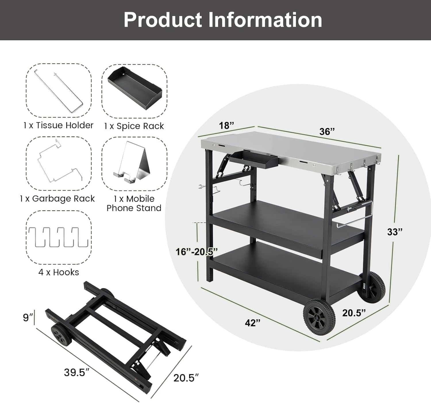 ERGOMASTER Grill Table Cart, Outdoor Kitchen Island with 4-Position Adjustable Shelf, Stainless