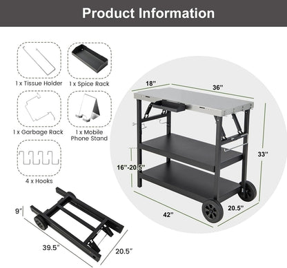 ERGOMASTER Grill Table Cart, Outdoor Kitchen Island with 4-Position Adjustable Shelf, Stainless