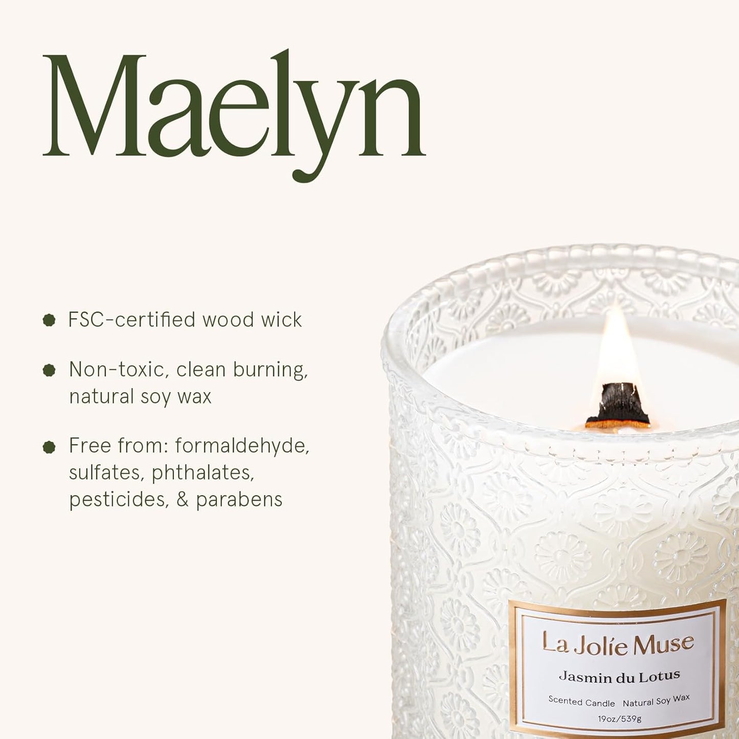 LA JOLIE MUSE Jasmin du Lotus Candle - Ivy, Jasmine, Cedarwood | 19 oz Large Wooden Wick Candle |