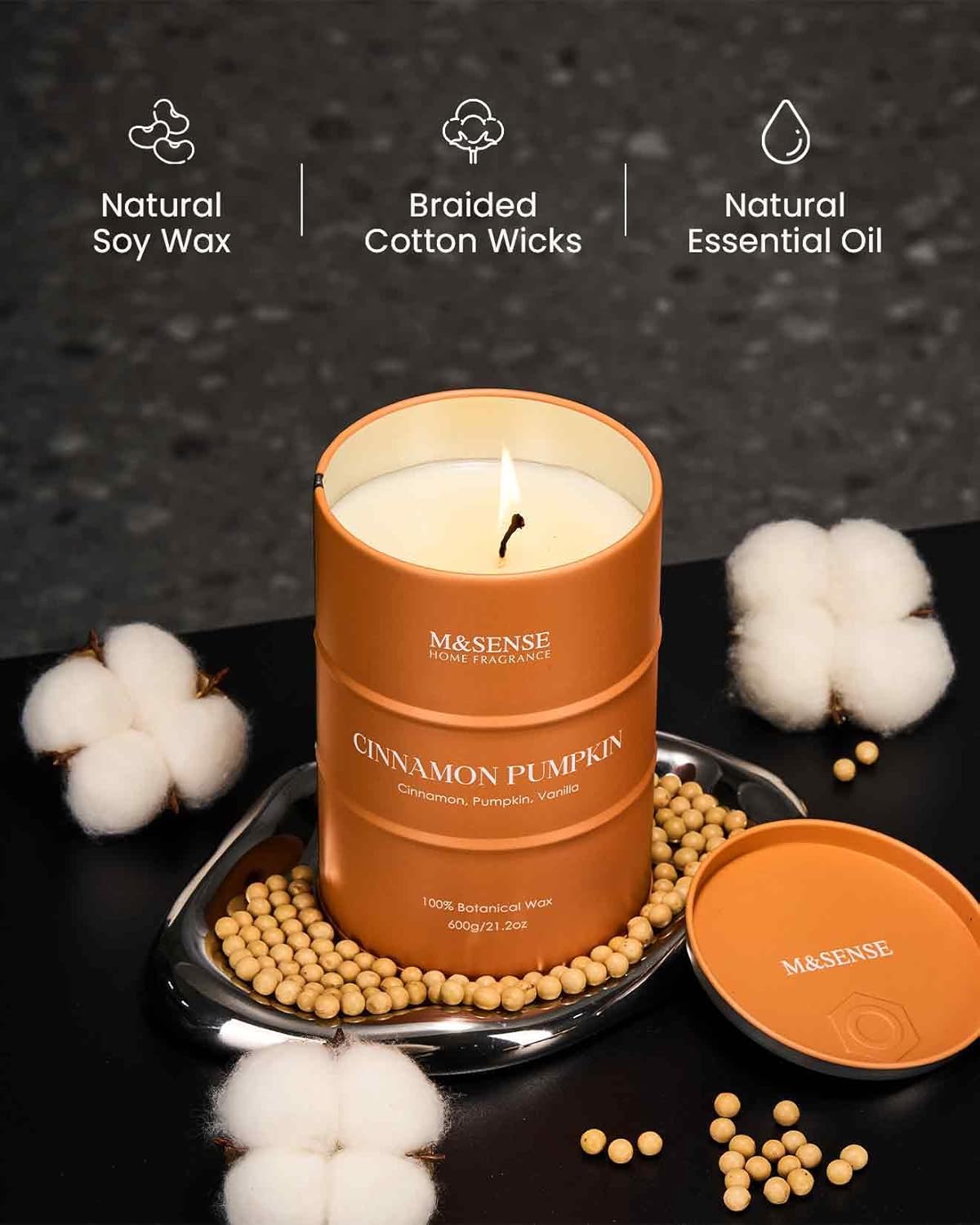 M&SENSE Cinnamon Pumpkin Scented Candles Large, Natural Soy Candles 21.2oz 120 Hour Slow