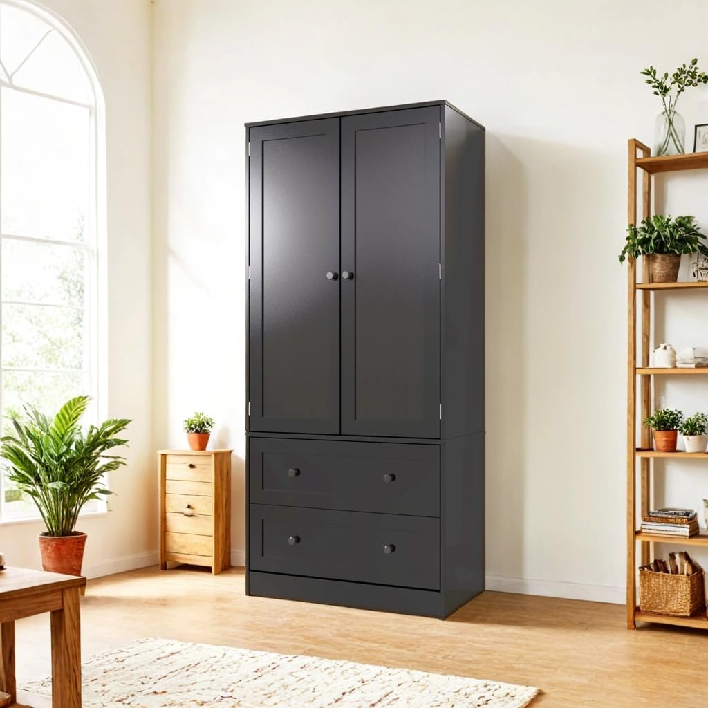 64.2" Tall Black Kitchen Pantry, Storage Cabinet with Doors and Drawers, Freestanding Wooden
