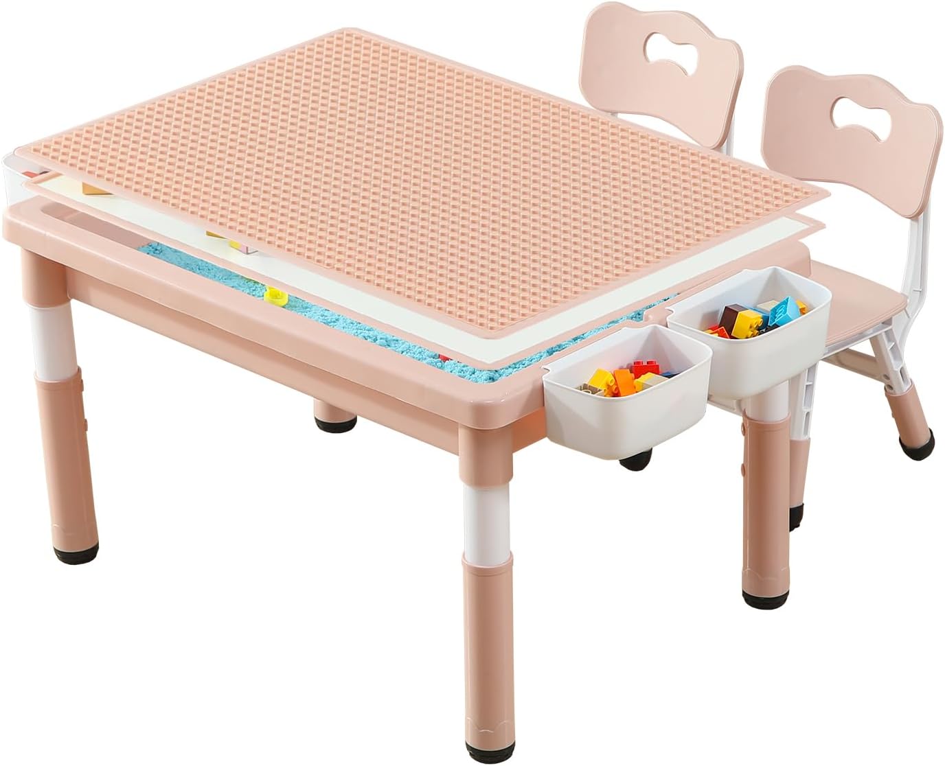 Multi Functional Kids Table and 2 Chairs Set, Graffiti & Building Blocks Double-Sided Tabletop