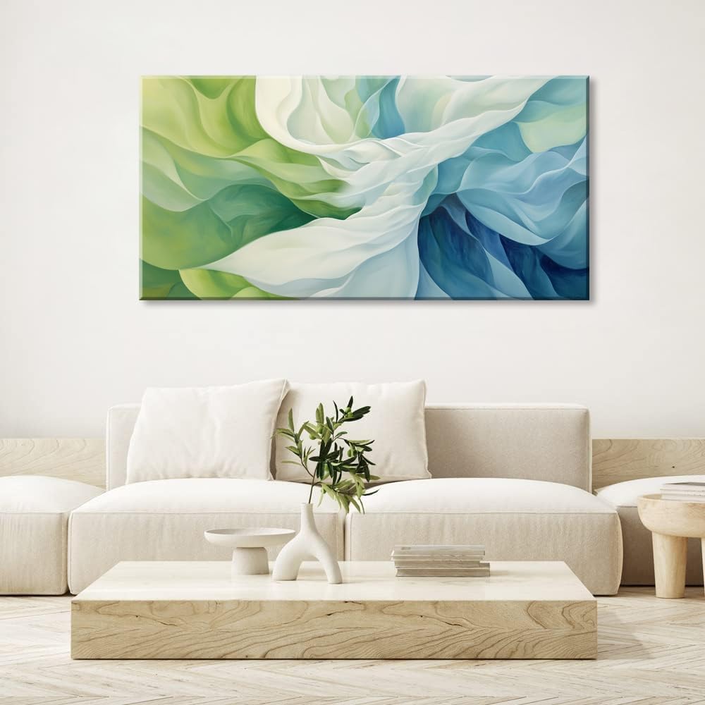 LASMOND Abstract Lines Wall Art for Living Room Canvas Prints Aqua Turquoise Blue Green Artwork