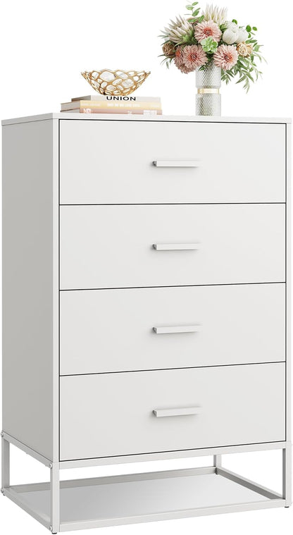 WLIVE White Wood Dresser for Bedroom with 4 Drawers, Tall Chest of Drawers with Sturdy Metal Frame