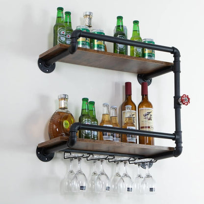 Wine Rack Wall Mounted 2 Tier, Hanging Floating Small Mini Bar Liquor Shelves with Glass Holder