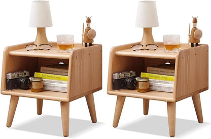 Small Nightstand, 100% Solid Oak Wood Bedside Table, Mid Century Modern Nightstand with Open