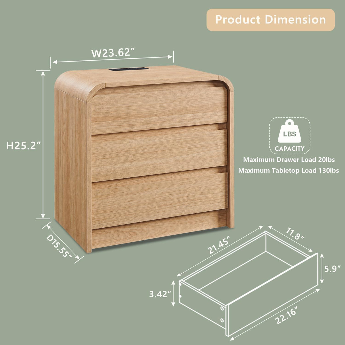 25" Tall Modern Nightstand with Charging Station, 23.6'' Wide Wood Bedside Table w/3 Storage