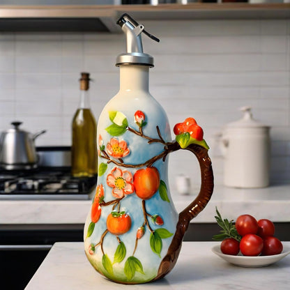 18 Oz Hand Painted Relief Ceramic Olive Oil Bottle Dispenser for Kitchen, Oil and Vinegar Bottle