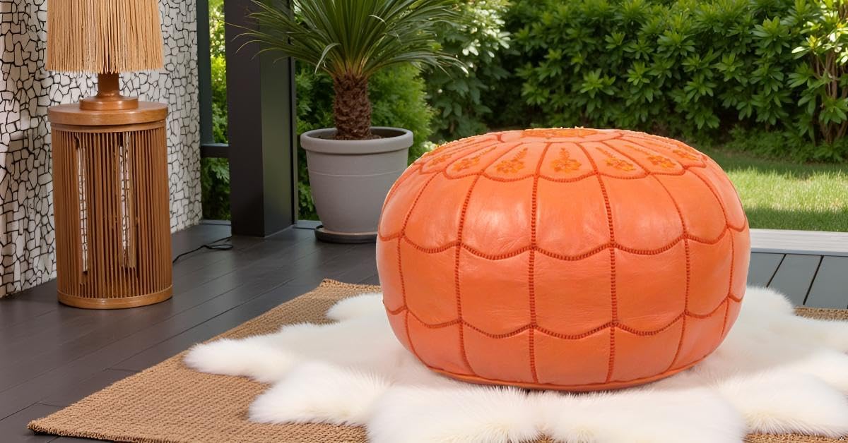Stuffed Arch Design Moroccan Leather Pouf Ottoman, Handmade, Pre-Filled, 100% Genuine Leather, 14”