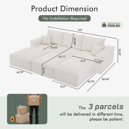 Boneless Sectional Cloud Couch Sofa Bed for Living Room, 112" Modular Modern Lounge 3 Seater