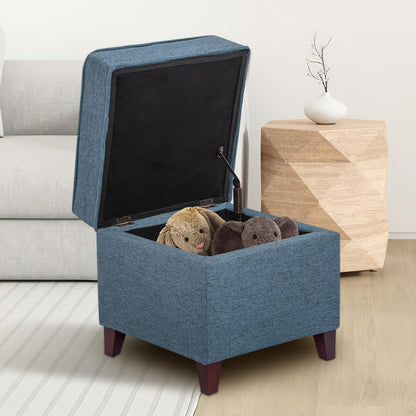 Adeco 17" Square Ottoman with Storage, Small Blue Storage Ottoman Foot Rest with Hinged Lid & Solid