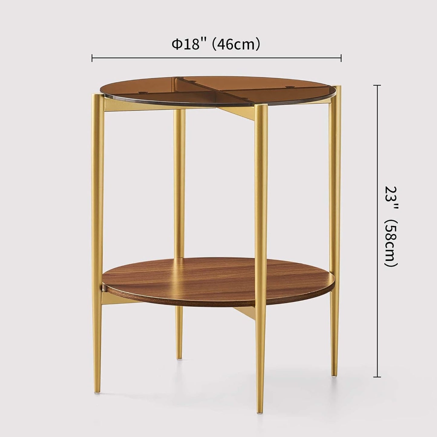 Round Glass End Table, Mid-Century Modern Design Sofa Table for Living Room, D18 x H23, 2-Tier
