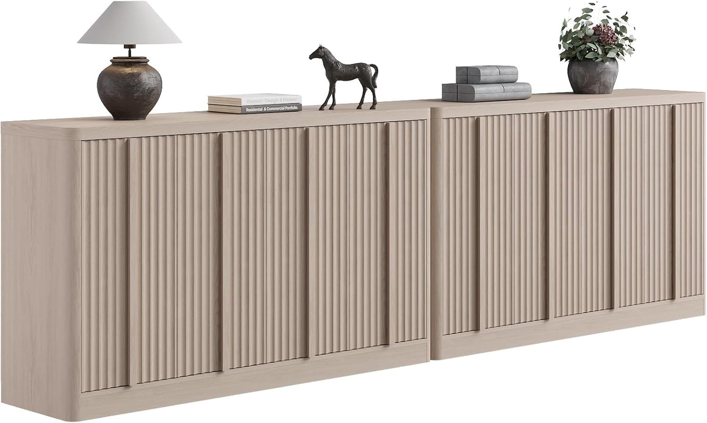 Fluted Buffet Cabinet with Storage, 120" Sideboard Buffet Storage Cabinet with 8 Doors & Solid Wood