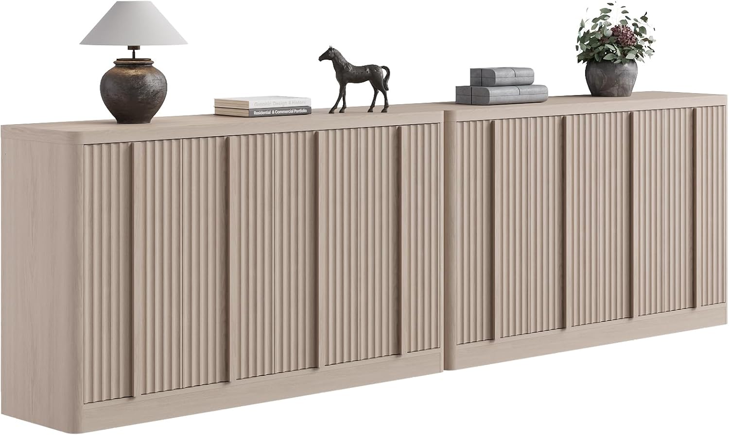 Fluted Buffet Cabinet with Storage, 120" Sideboard Buffet Storage Cabinet with 8 Doors & Solid Wood