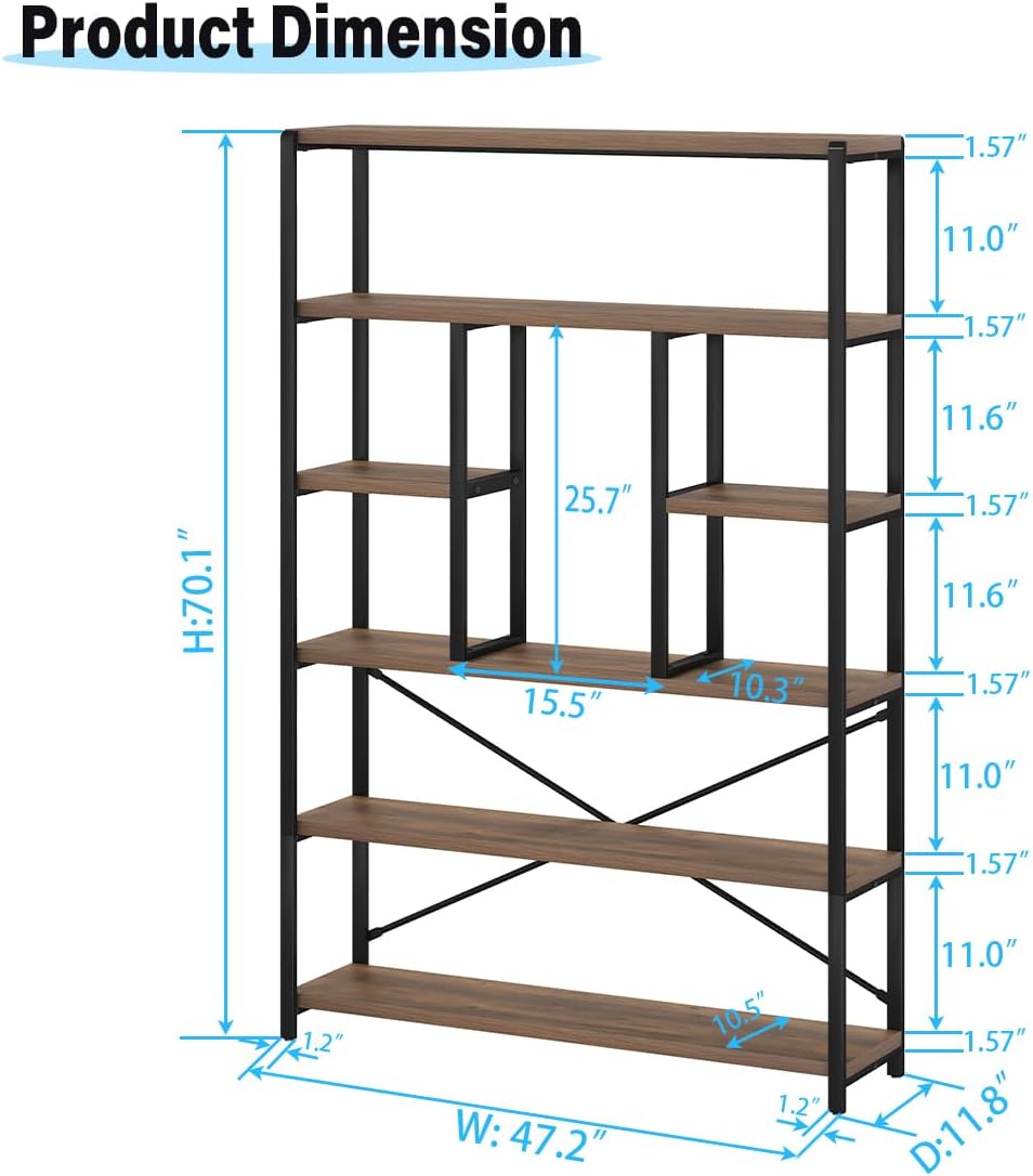 LVB Tall Industrial Etagere Bookcase, Modern Wood Large Open 6 Tier Bookshelf, Vintage Wide Metal