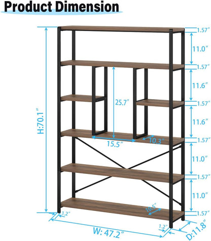 LVB Tall Industrial Etagere Bookcase, Modern Wood Large Open 6 Tier Bookshelf, Vintage Wide Metal