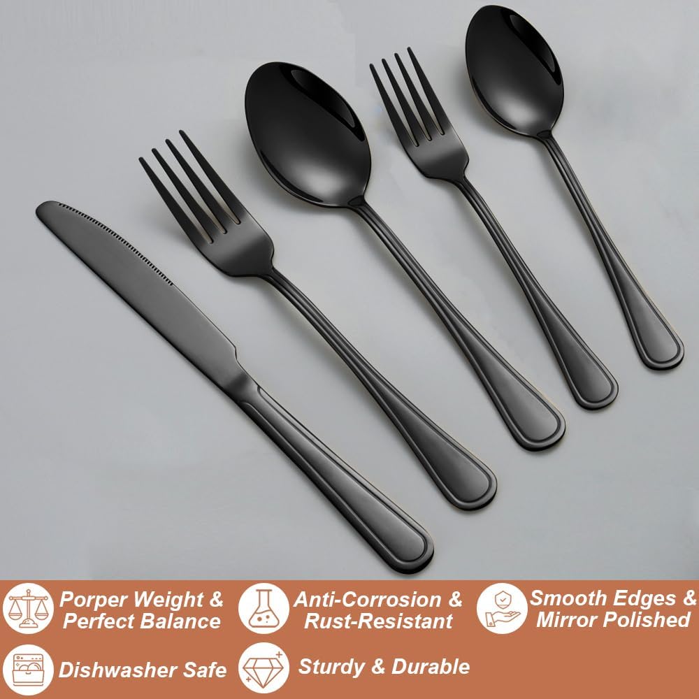 20 Pcs Black Silverware Set for 4 with Simple Striped Handle Design, Food Grade Stainless Steel