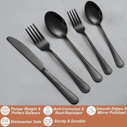 40 Pcs Black Silverware Set for 8 with Simple Striped Handle Design, Food Grade Stainless Steel