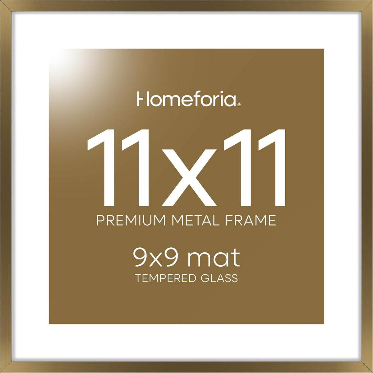 Homeforia 11x11 Picture Frame Brass, High End Metal 11 by 11 Square Bronze Frames with Mat 9 x 9