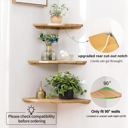 Corner Shelves, Floating Corner Shelf, Set of 2 7inch Solid Oak Wood Wall Shelves, Round End Wall