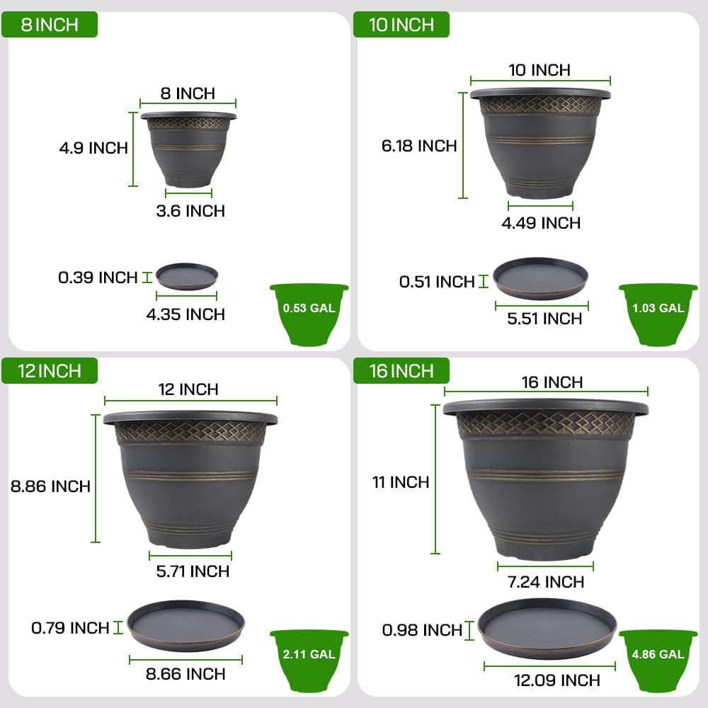 6 Pack 8 Inch Plant Pots, Plastic Flower Pot for Indoor & Outdoor with Drainage Holes & Saucer