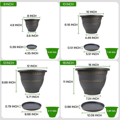 6 Pack 8 Inch Plant Pots, Plastic Flower Pot for Indoor & Outdoor with Drainage Holes & Saucer