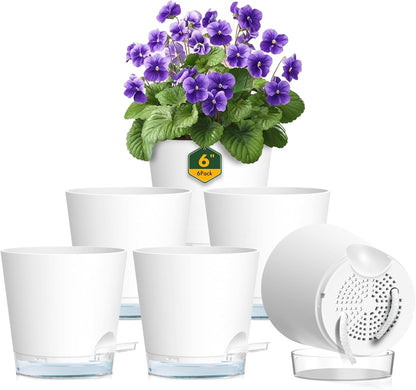 6 inch Self Watering Pots for Indoor Outdoor Plants, 6 Pack Flower Plant Pots with Drainage Holes