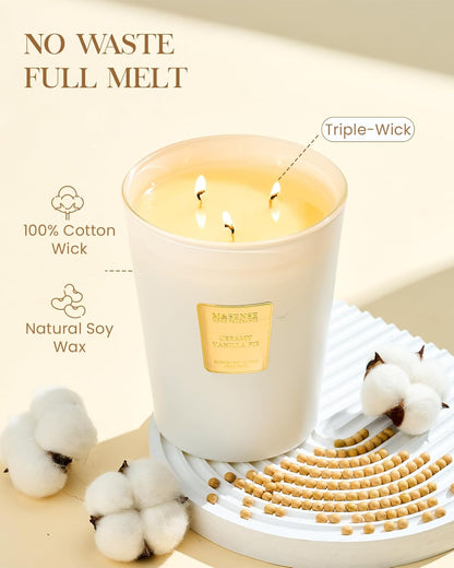 M&SENSE Extra Large Candle Creamy Vanilla Scented, 3-Wick 35oz 150H Long Lasting, Natural Soy Wax