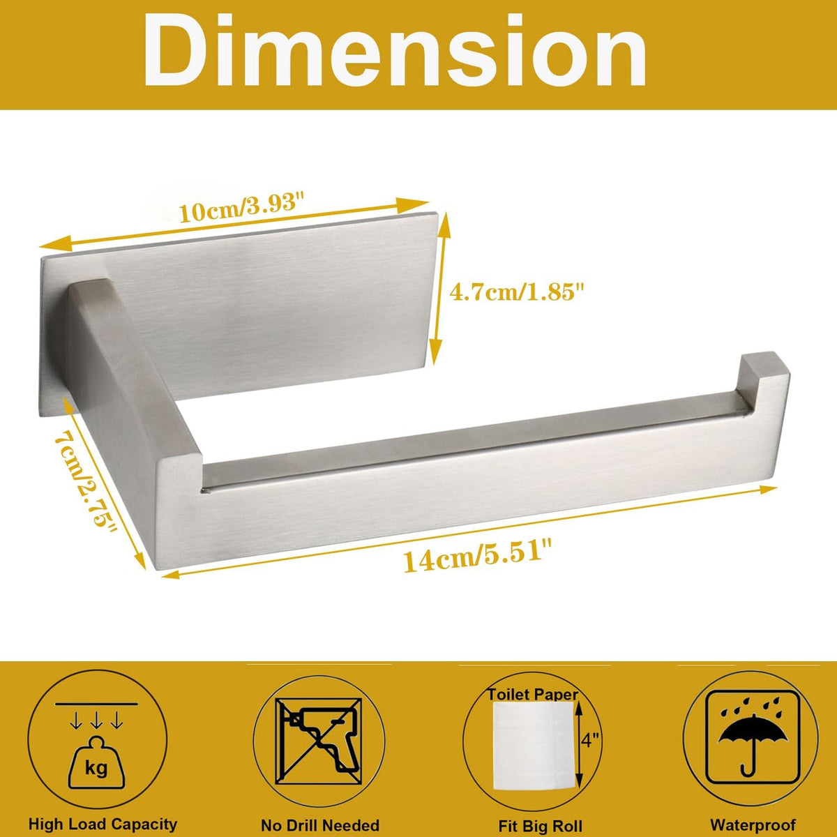 Toilet Paper Holder, Self Adhesive Tissue Holder Stainless Steel Rustproof Paper Roll Holder, No