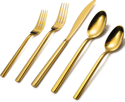 Alata Cube Gold 20-Piece Flatware Set, Forged Cutlery Set, Mirror Finish Silverware Service for 4