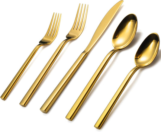 Alata Cube Gold 20-Piece Flatware Set, Forged Cutlery Set, Mirror Finish Silverware Service for 4