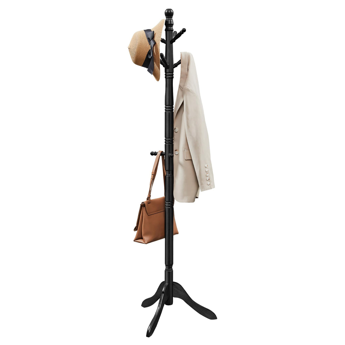 VASAGLE Solid Wood Coat Rack and Stand, Free Standing Hall Coat Tree with 10 Hooks for Hats, Bags