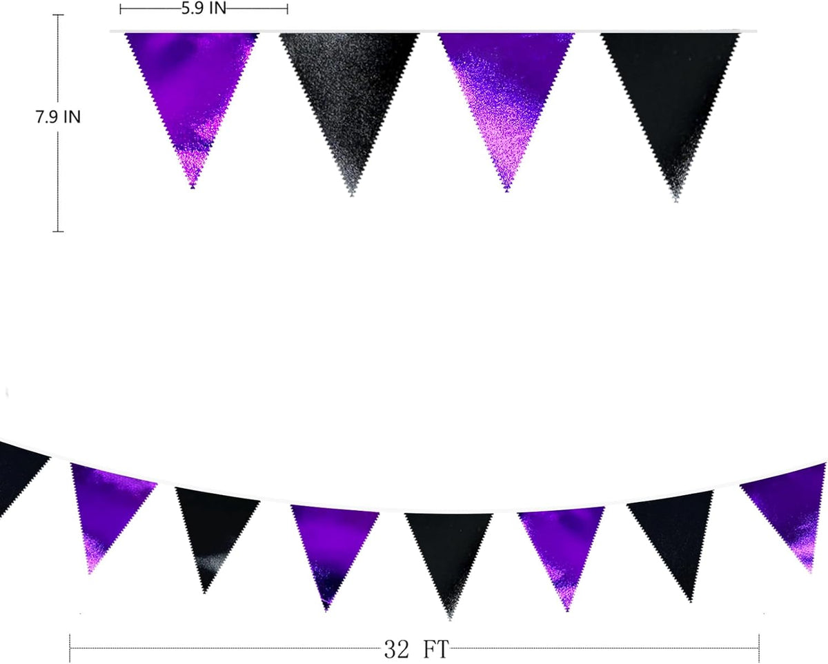 Purple and Black Party Decorations Metallic Fabric Triangle Pennant Banner Flag Bunting Garland for
