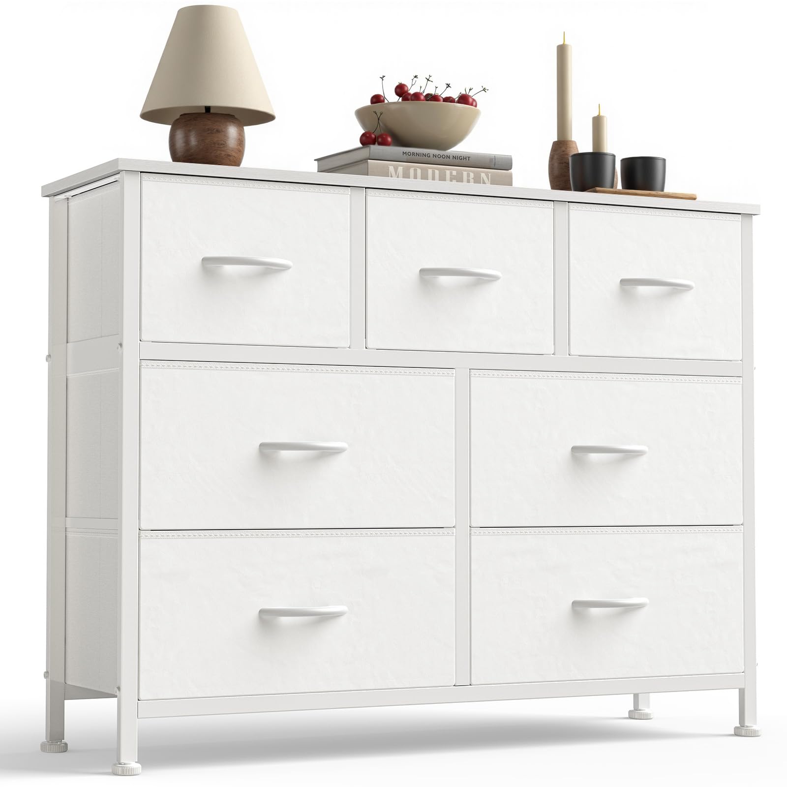Sweetcrispy 7 Drawer Dresser for Bedroom Storage with Fabric Bins, White