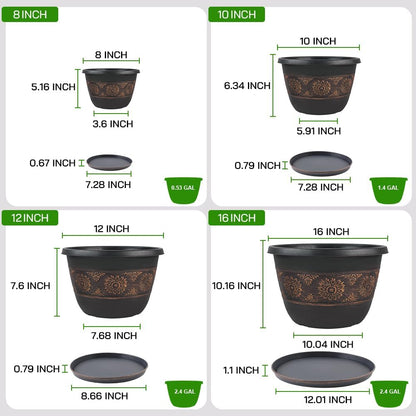 4 Pack 10 inch Plant Pots, Retro Pattern Planters with Drainage Holes and Saucer, Sturdy Plastic