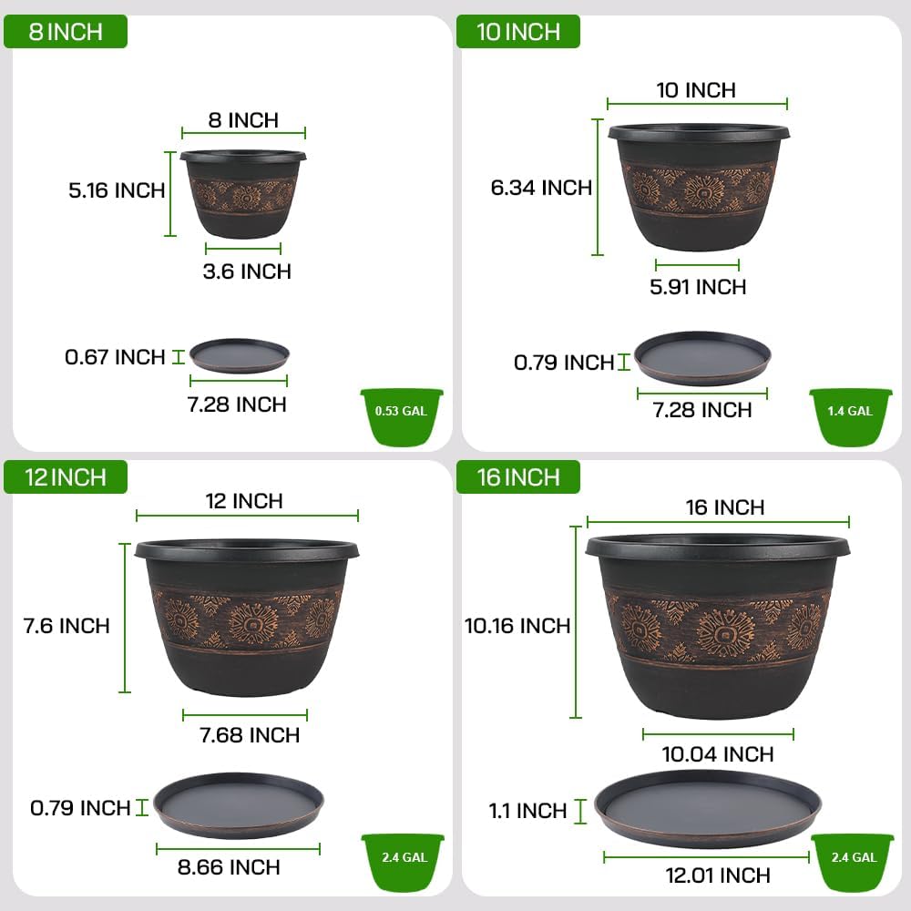 4 Pack 16 inch Plant Pots, Retro Pattern Planters with Drainage Holes and Saucer, Sturdy Plastic