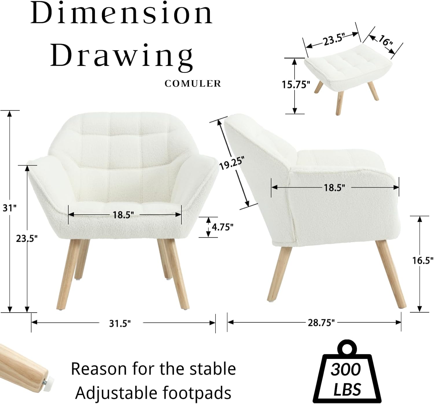 White Sherpa Accent Chair with Ottoman ，Modern Reading Chair with Ottoman Set, Comfy Fuzzy Armchair