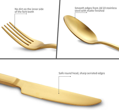 Stainless Steel Flatware Set Hand Forged 18/10 Silverware Set Cutlery Set Gold Cuboid Handle Matte