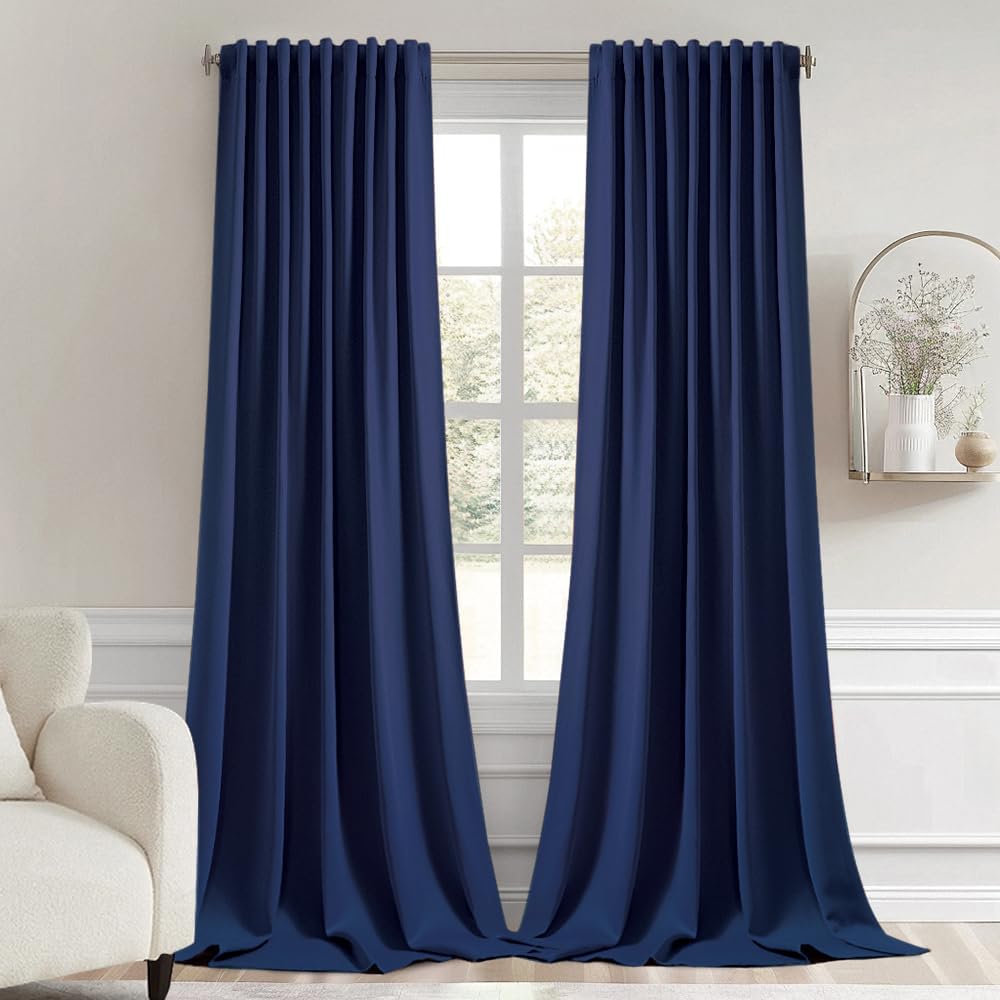 MIULEE Navy Blue Back Tab Blackout Curtains 102 Inch Long 2 Panels Set for Bedroom, Rod