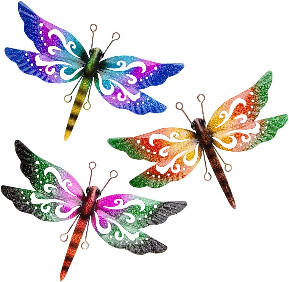 Metal Dragonfly Wall Decor, 3 Pack Colorful Dragonfly Outdoor Decor, Metal Outdoor Wall Art for