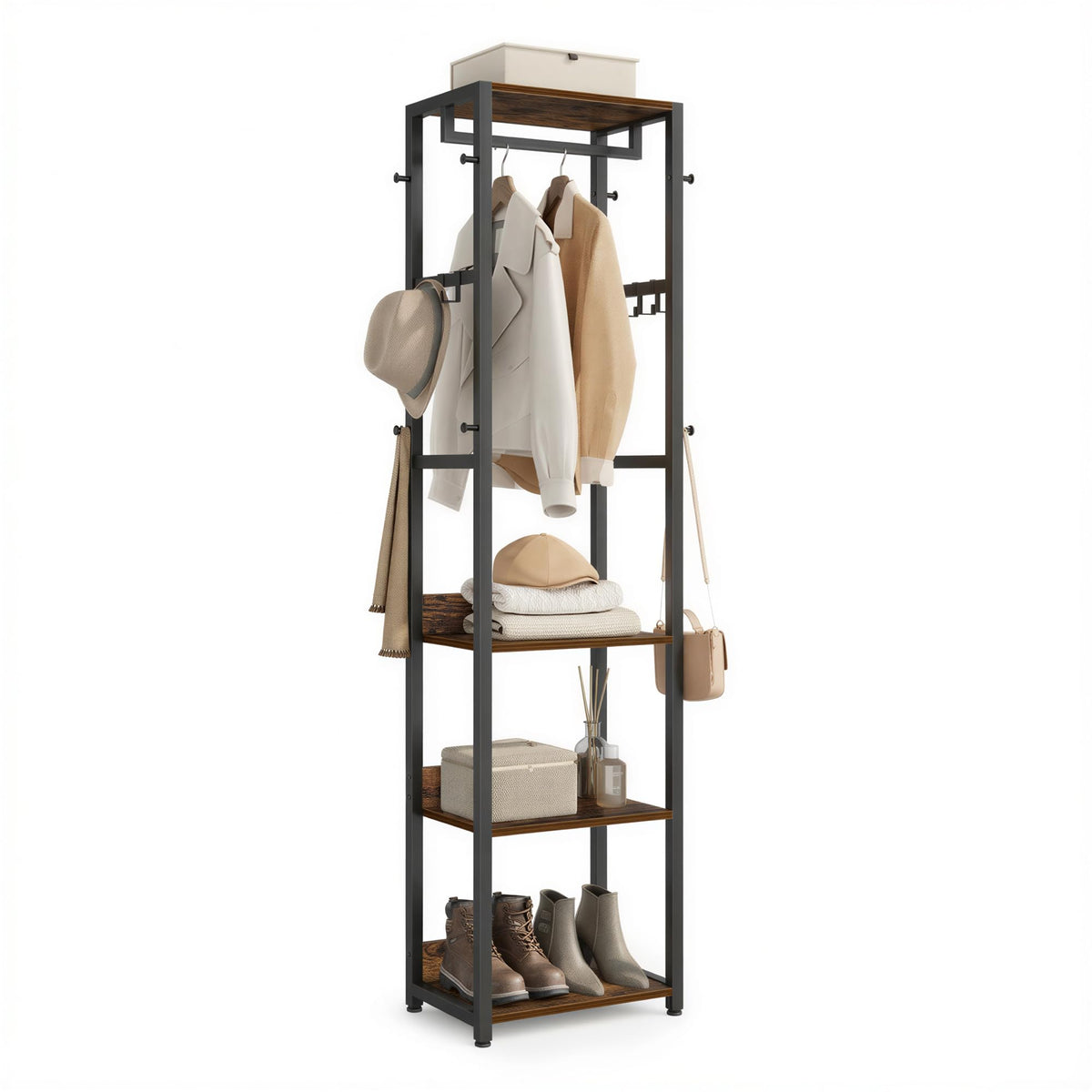 VASAGLE Coat Rack, Freestanding Hall Tree with Shelves, Hanging Rail, and Hooks, Space-Saving Coat