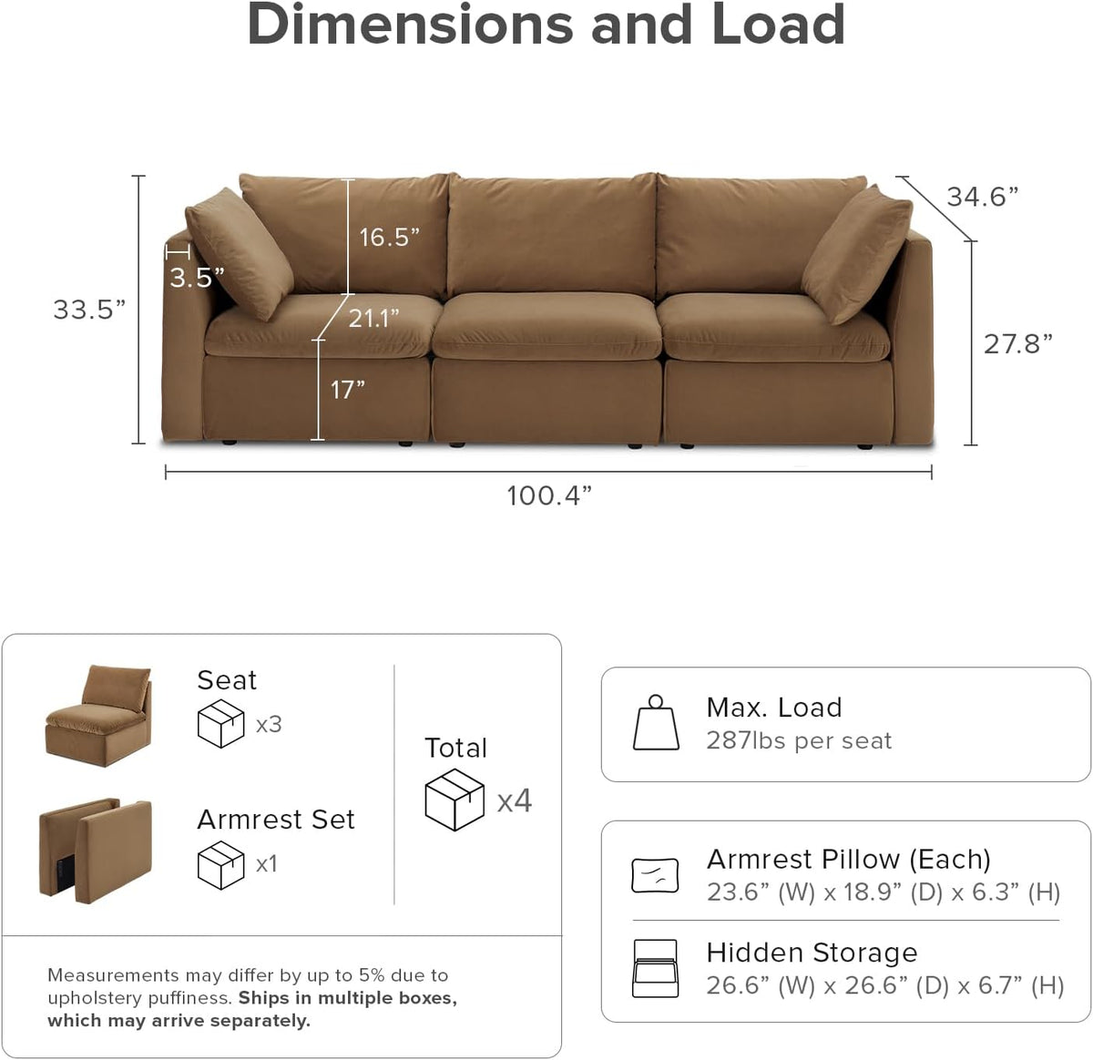 mopio Oversized Modular Sectional Sofa with Fully Removable Covers and Storage, Convertible U