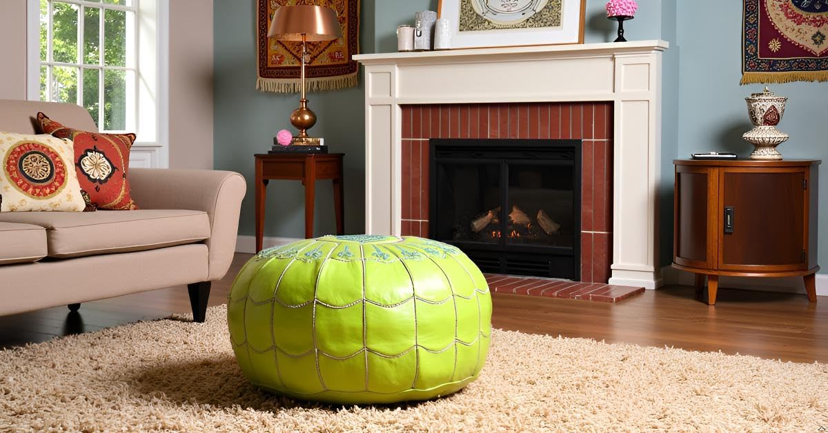 Stuffed Arch Design Moroccan Leather Pouf Ottoman, Handmade, Pre-Filled, 100% Genuine Leather, 14”