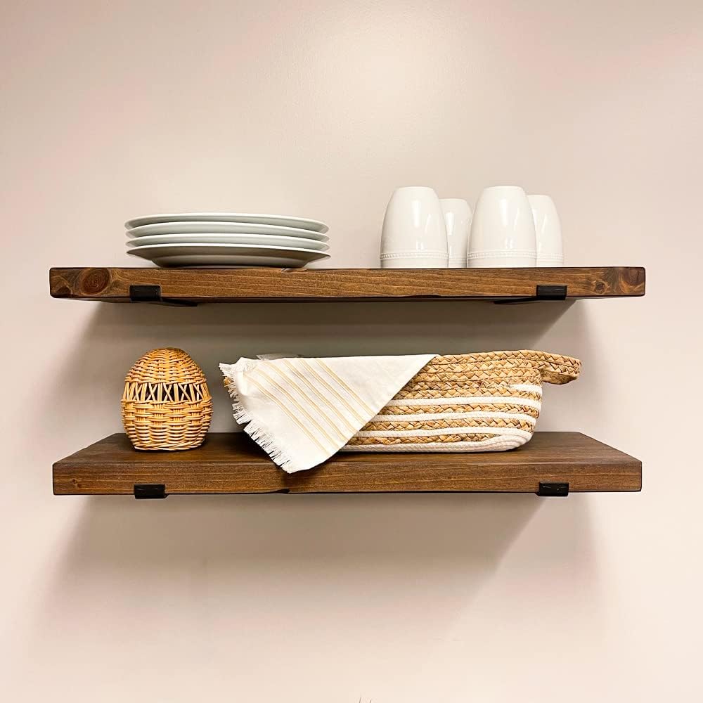Rustic Shelves with J-Brackets Set of 2, Industrial Shelf, Kitchen Shelves, Solid Wood, Decorative