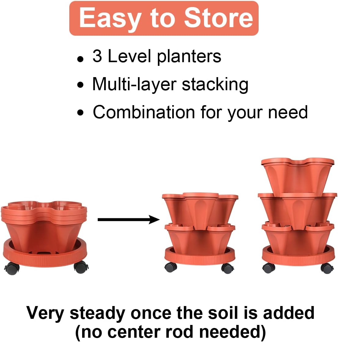 DUNCHATY Stackable Planters 3 Tier Vertical Garden Planting Tower Planters Strawberry, Herb
