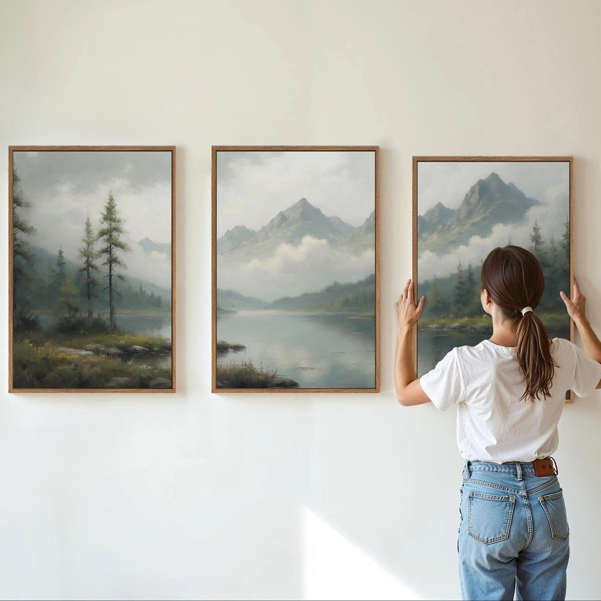 SIGNINART Large Green Forest Framed Canvas Wall Art Set, Misty Mountain Lake Scenery Wall Decor