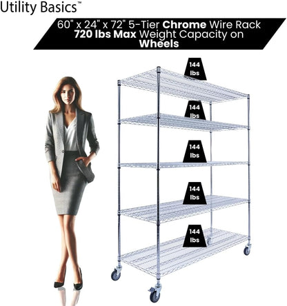 60"x24"x72" Chrome 5-Tier PREMIUM Wire Shelving NSF 4000 LBS MAX CAPACITY Heavy Duty Steel Storage